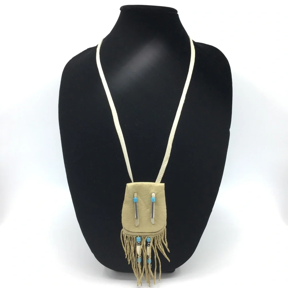 Leather Medicine Bag Necklace Pouch Beaded Fringe Boho Gypsy Handmade Tan Tribal